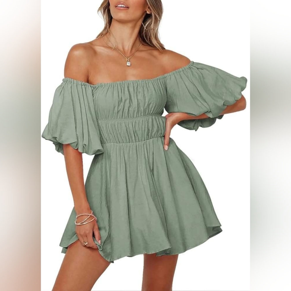 Hotwy Large Off Shoulder Summer Dress Short Lantern Sleeve Ruffle Elastic